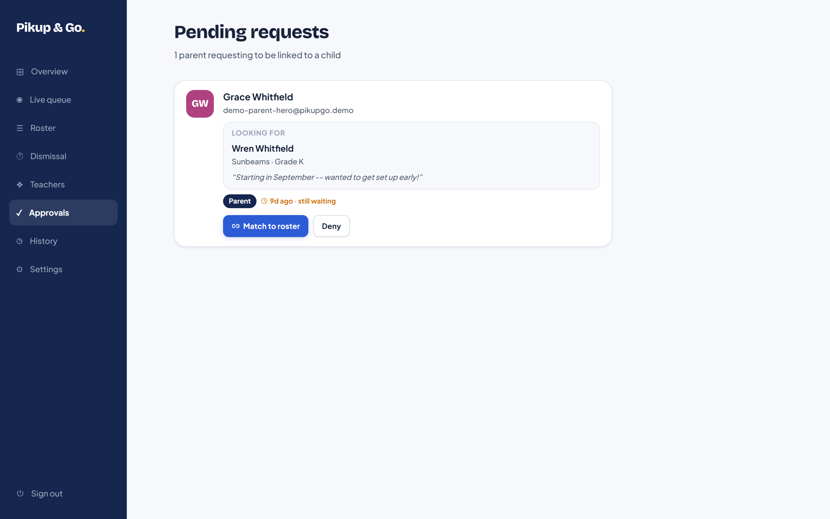Admin approvals page showing one pending parent request with a note, and match-to-roster / dismiss actions