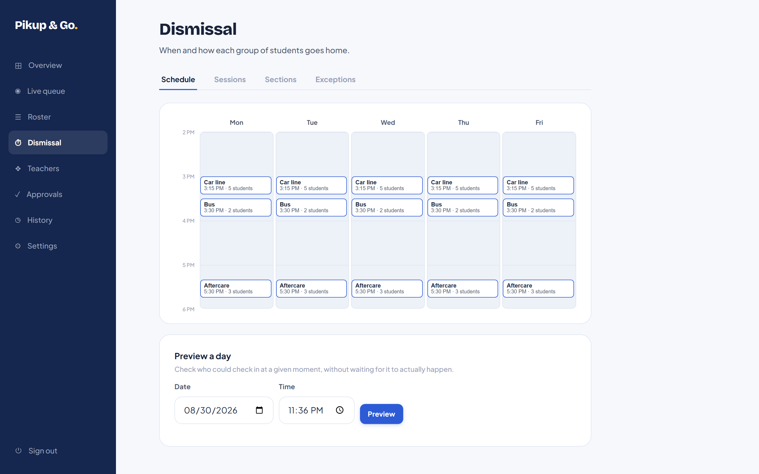 Admin dismissal schedule showing car line, bus, and aftercare sessions across a weekly grid, with a "preview a day" tool below