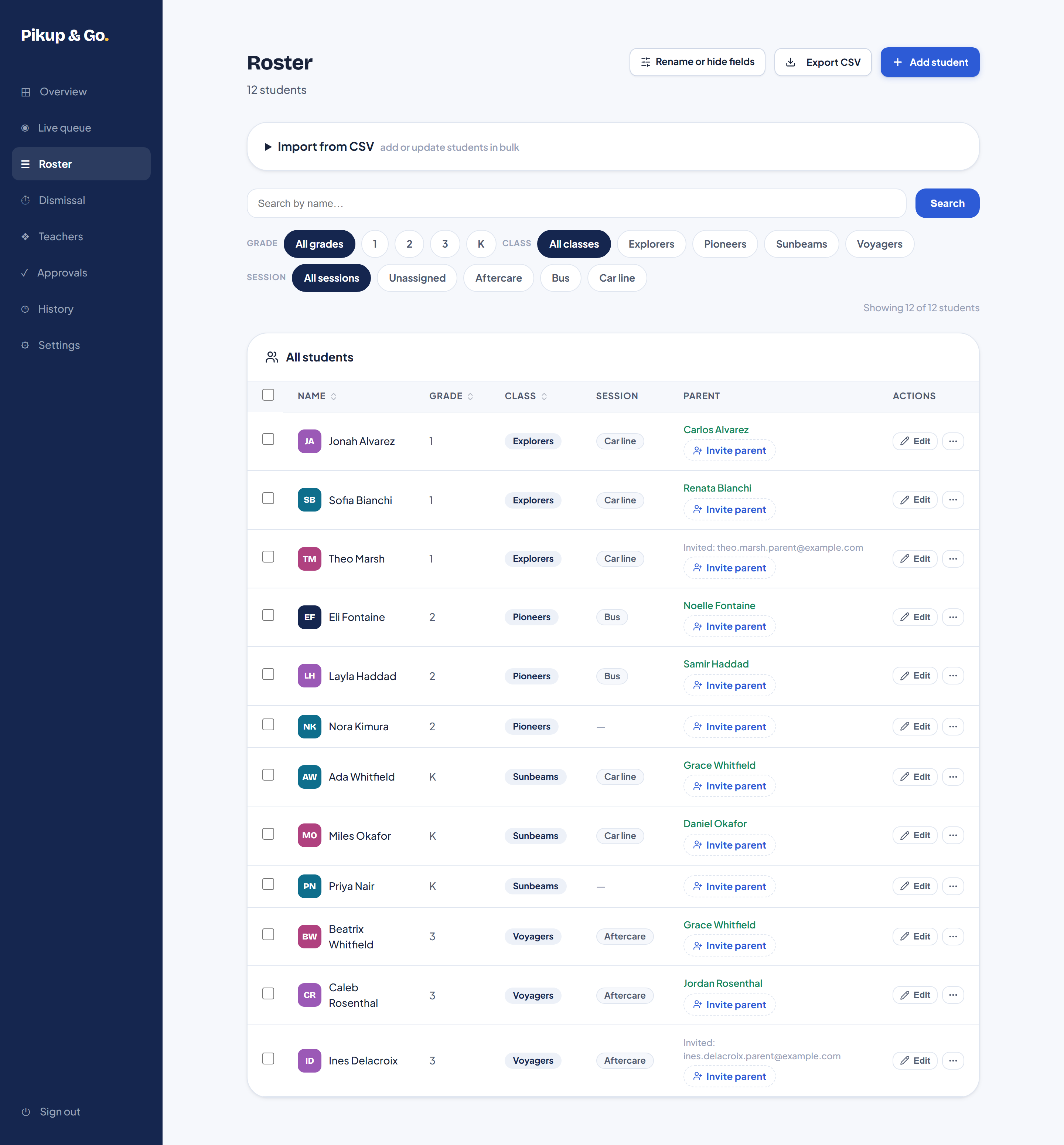 Admin console roster page showing a class list grouped by class, with parent names, invite-parent actions, and a CSV import card