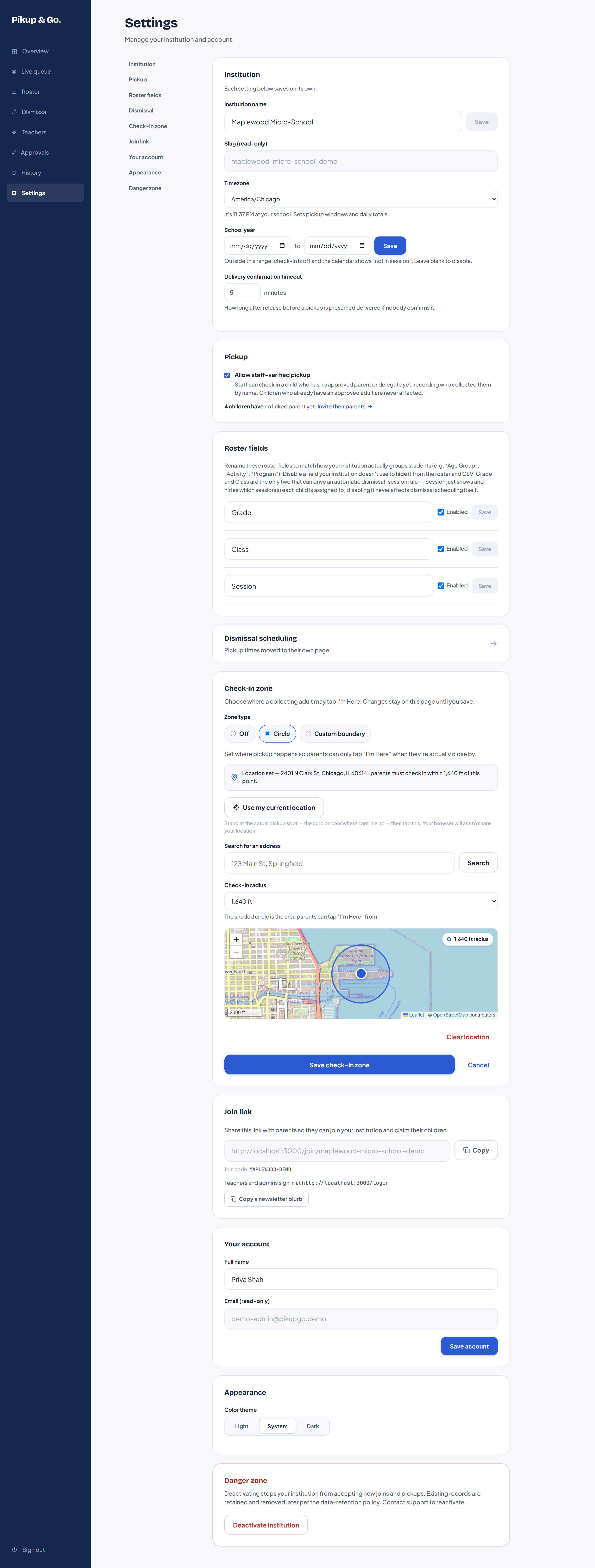 Admin settings page showing institution name, timezone, pickup location with a map radius, and join link