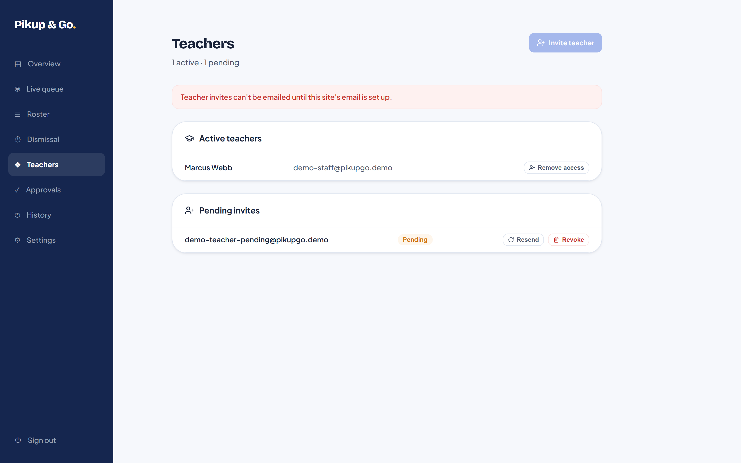 Admin teachers page listing one active teacher and one pending invite, with resend and revoke actions