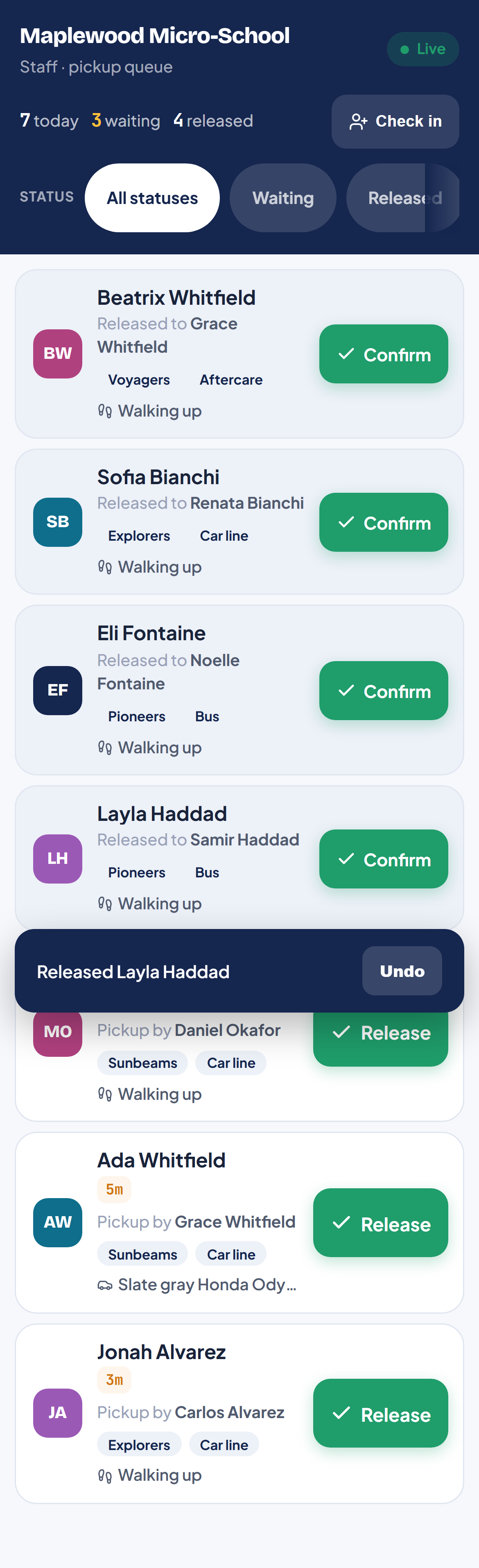 Attendant queue with a "Released Layla Haddad — Undo" confirmation banner after releasing a child