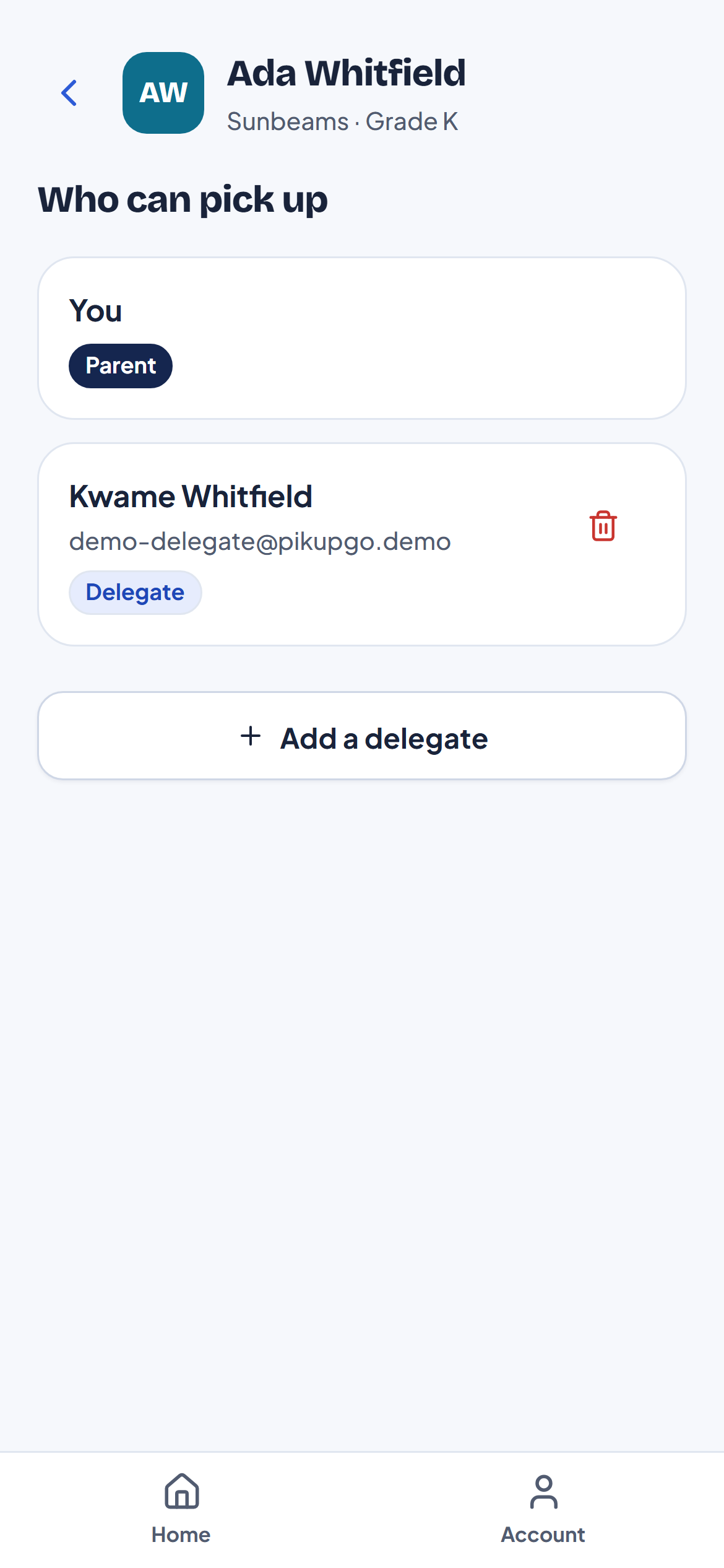 Parent child profile showing who can pick up: the parent and one approved delegate, with revoke and add-a-delegate actions