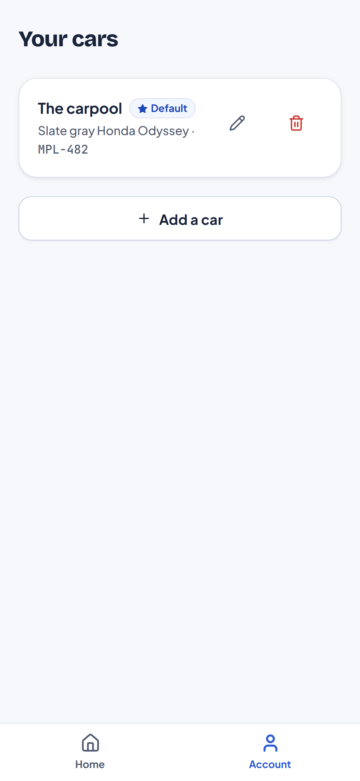 Parent vehicles screen showing one saved car marked as default, with an add-a-car action