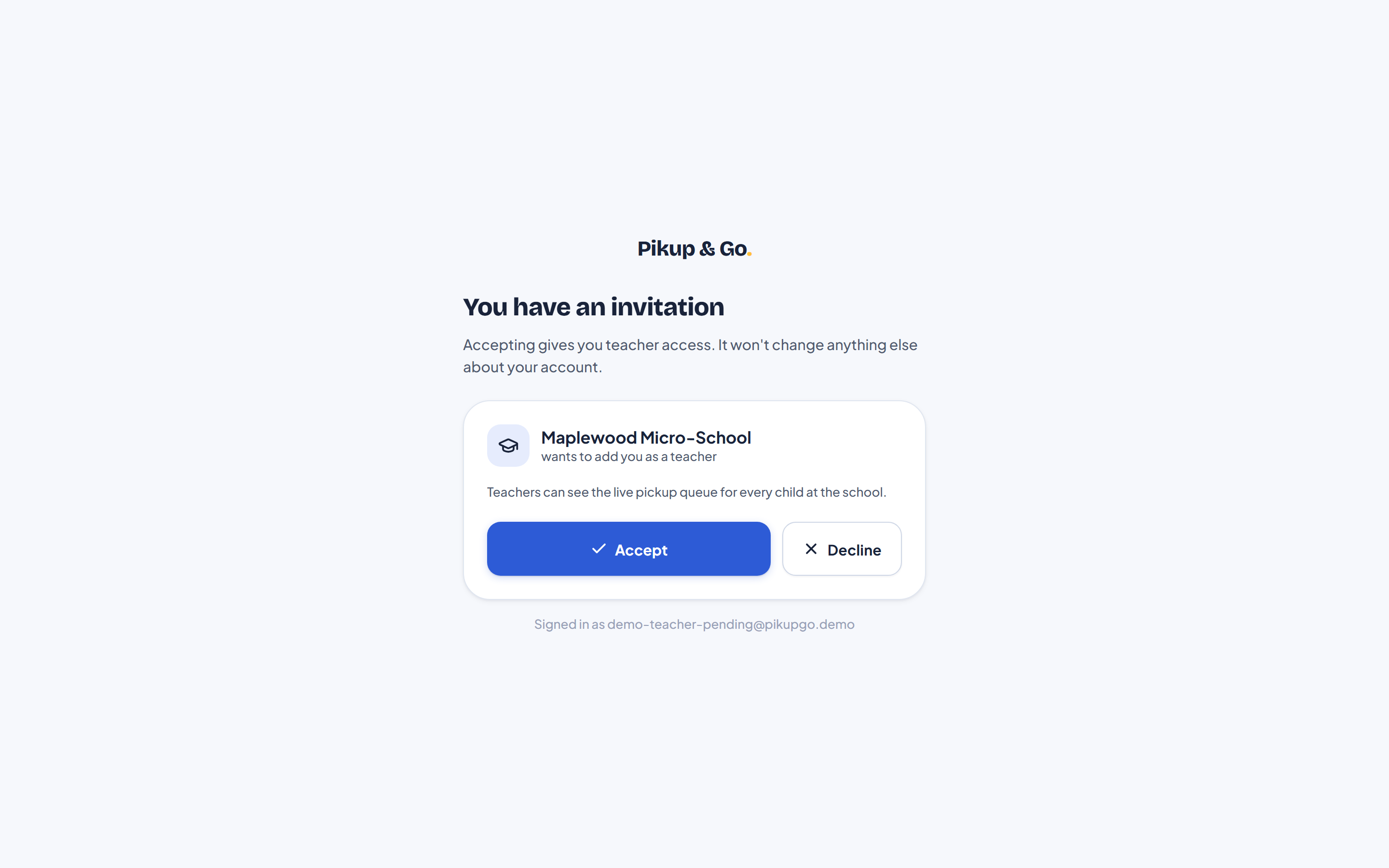 Teacher invitation screen: "Maplewood Micro-School wants to add you as a teacher", with Accept and Decline buttons